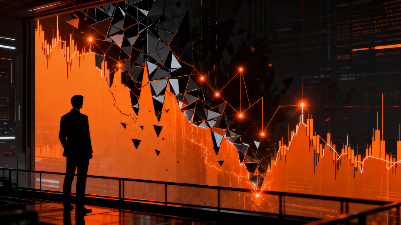 Impacto financiero de OpenAI en el mercado tecnológico y la bolsa, con una silueta de inversor analizando gráficos de mercado.