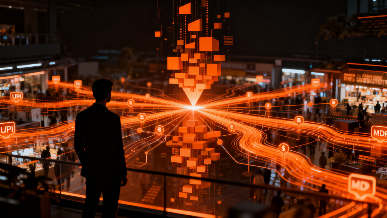 Representación visual de pagos digitales en India, mostrando la conexión entre sistemas fintech y comercio minorista tras la decisión sobre el UPI.