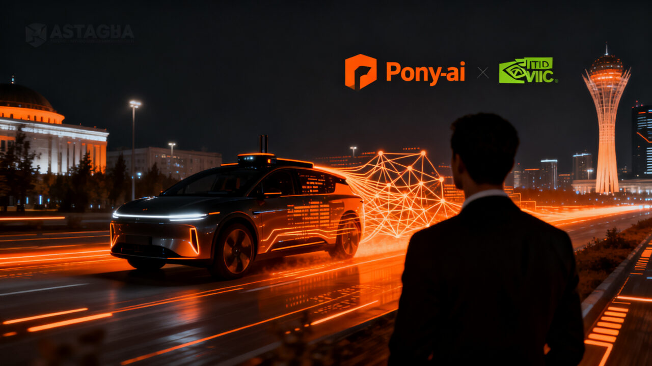 Robotaxi autónomo circulando en una ciudad futurista de Kazajistán, representando la alianza de inDrive, Pony.ai y Nvidia.