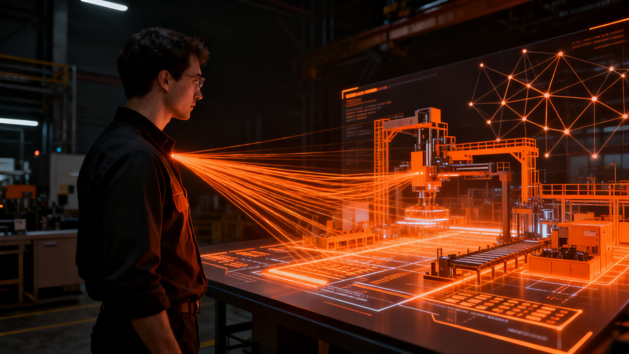 Un experto en tecnología supervisando una planta de fabricación inteligente con IA y gemelos digitales, representando la Industria 4.0.