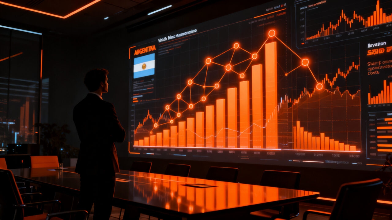 Gráfico de barras de tendencia económica y emprendedor analizando datos de inflación en Argentina, representando el impacto macroeconómico en startups.
