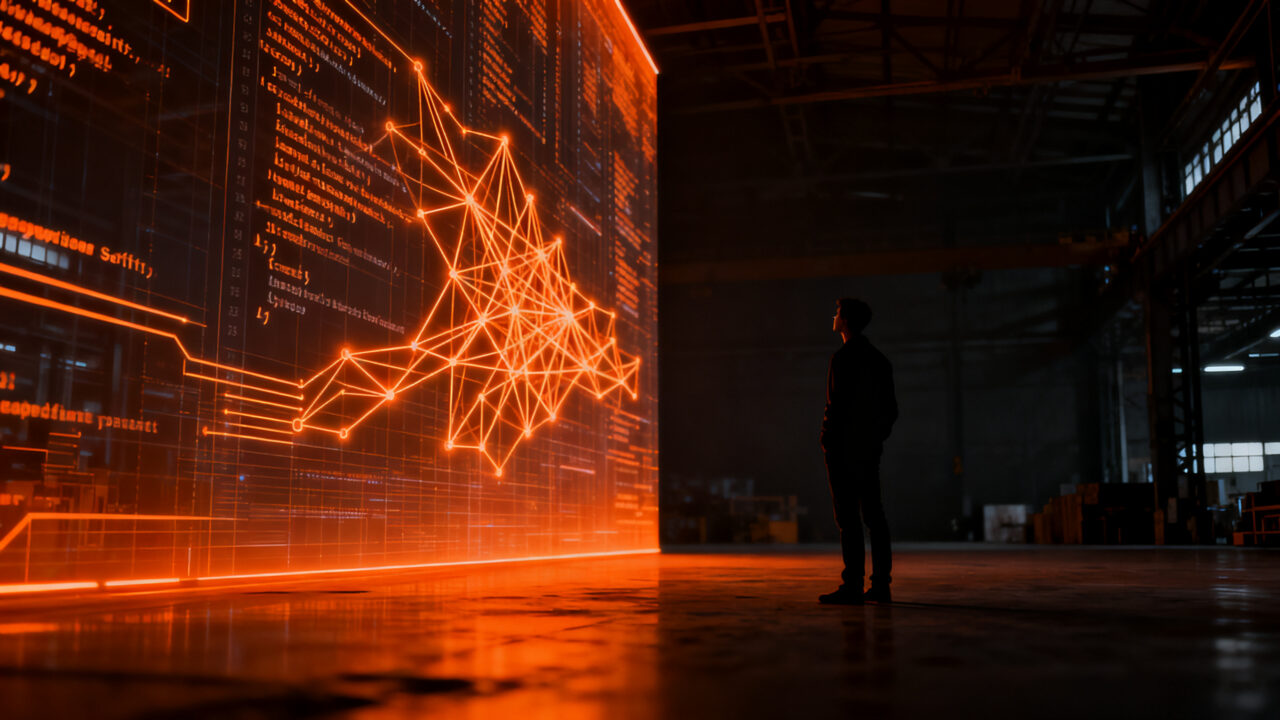 Ingeniero de software frente a una red de IA, representando el cambio en el futuro del trabajo y la automatización del código.
