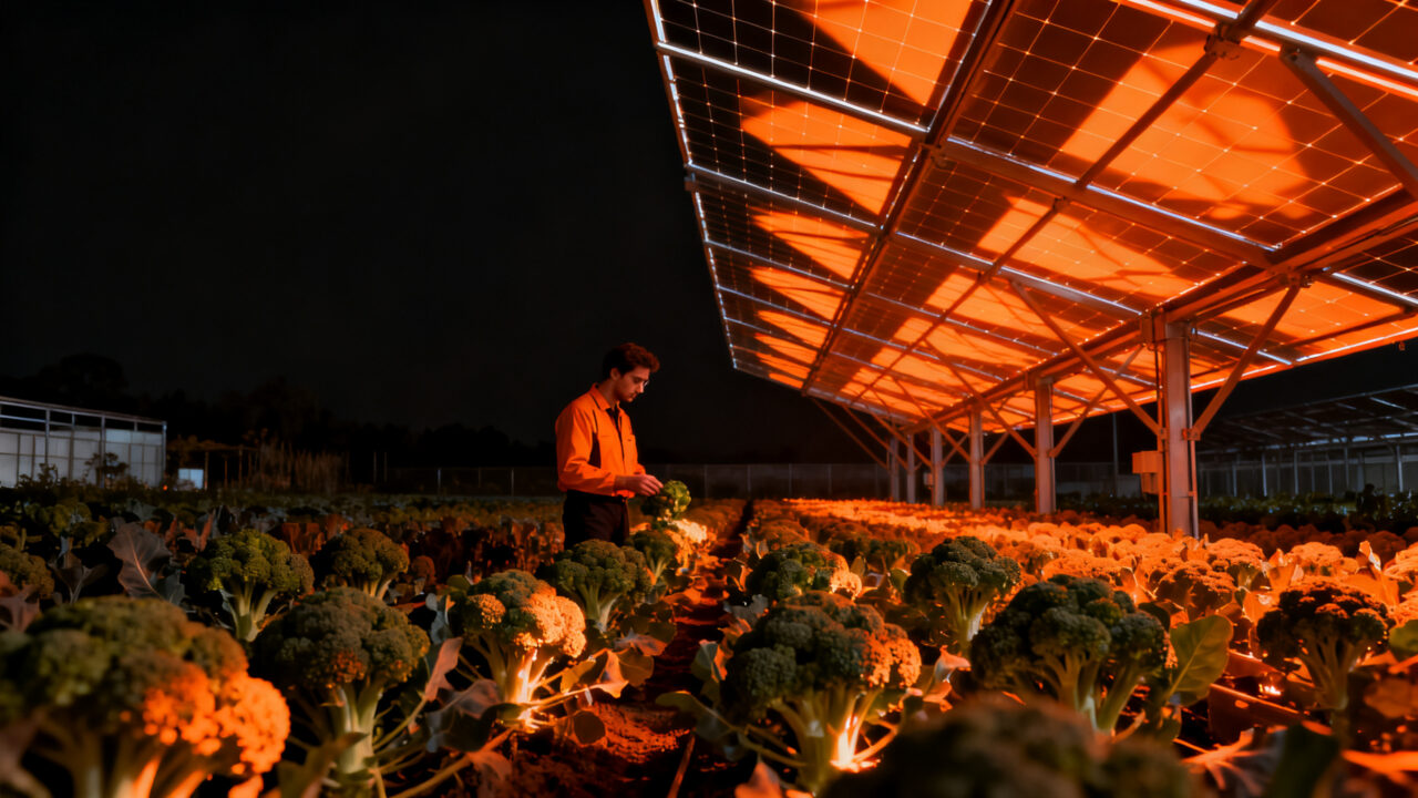 Innovación agrivoltaica en Suecia: paneles solares magenta sobre cultivos de brócoli para mejorar la eficiencia del suelo.