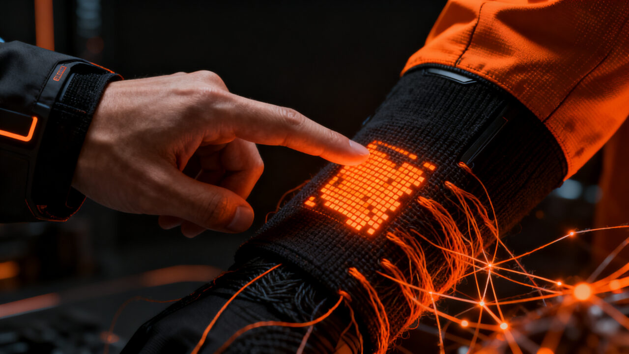 Investigador interactuando con una manga textil inteligente que integra sensores y pantalla táctil, representando la innovación en wearables.