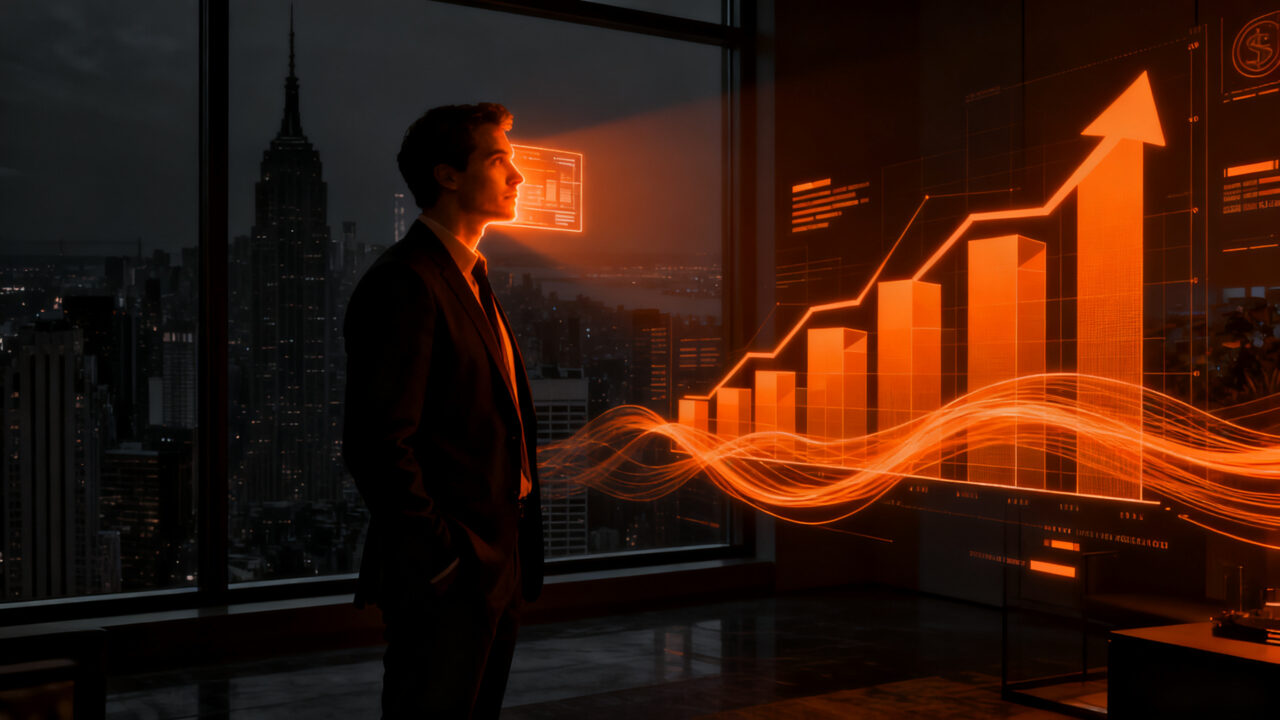 Inversionista de capital riesgo analizando crecimiento financiero en un entorno urbano de Nueva York, representando el cierre de fondos de venture capital.
