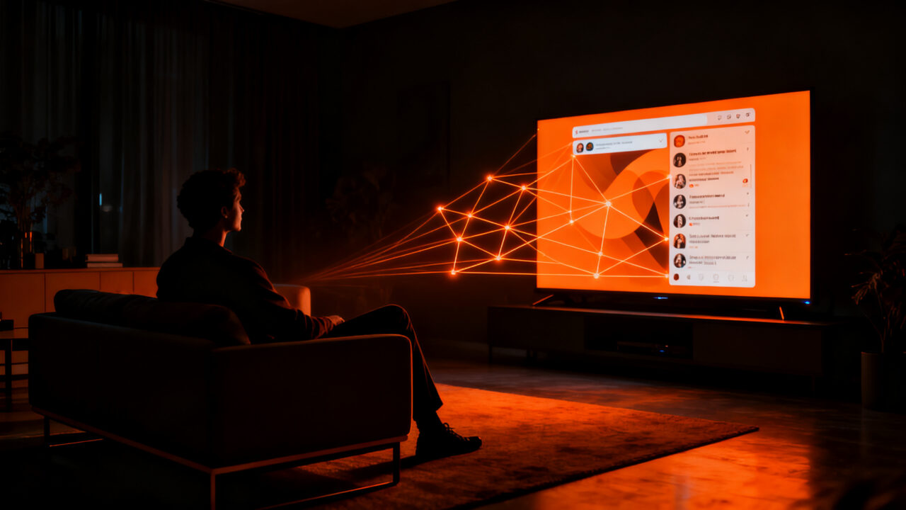 Interfaz de Instagram en Apple TV representando la expansión de redes sociales al ecosistema de televisión inteligente.