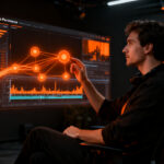 Creador de contenido interactuando con una interfaz de inteligencia artificial para la edición de video en Instagram, simbolizando la optimización de métricas.