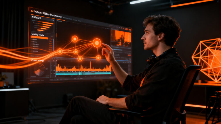 Creador de contenido interactuando con una interfaz de inteligencia artificial para la edición de video en Instagram, simbolizando la optimización de métricas.