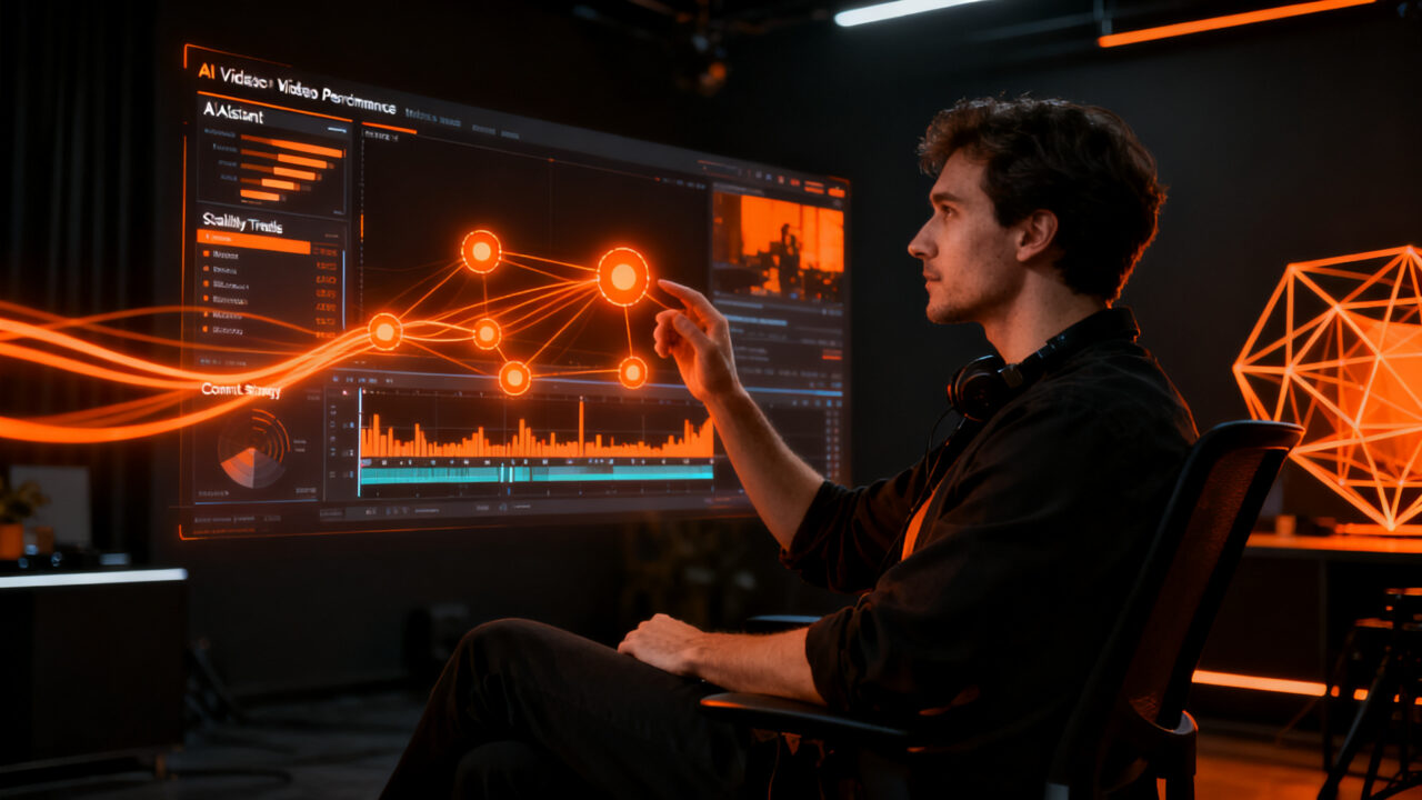 Creador de contenido interactuando con una interfaz de inteligencia artificial para la edición de video en Instagram, simbolizando la optimización de métricas.