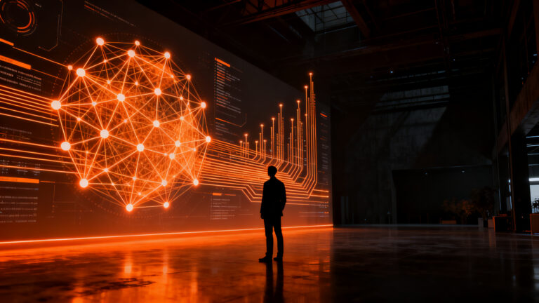 Empresario analizando datos complejos de inteligencia artificial en una oficina futurista, representando la transformación digital estratégica.