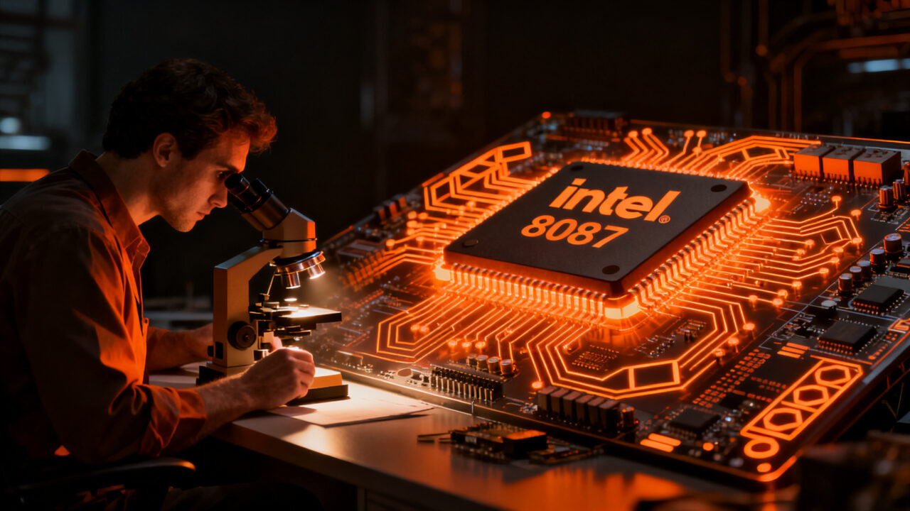 Ingeniero analizando la arquitectura interna y el microcódigo del procesador Intel 8087 para operaciones de coma flotante.