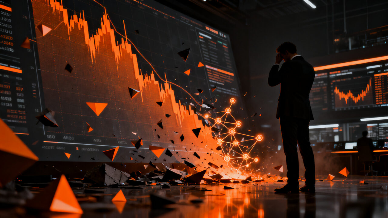 Gráfico financiero del Nasdaq descendiendo con silueta de inversor preocupado, representando la crisis de las inversiones en IA y volatilidad del mercado.