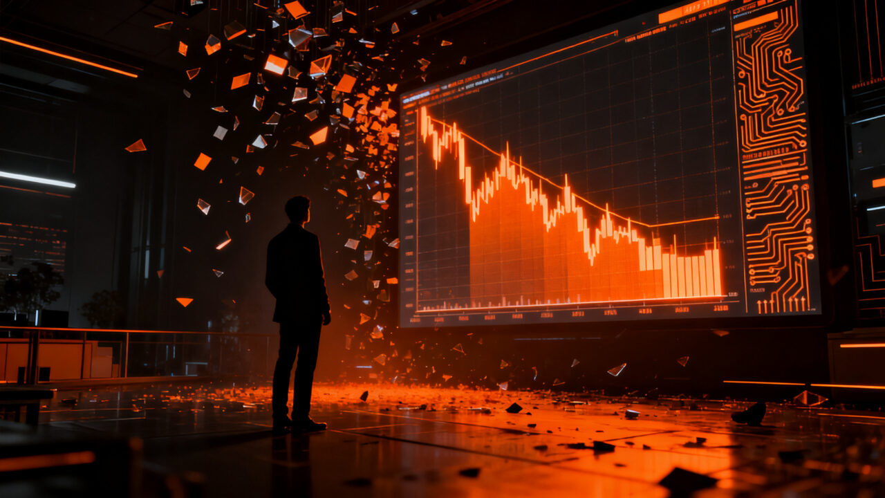 Gráfico financiero en caída con silueta de analista observando el desplome del mercado de chips y la inversión tecnológica.
