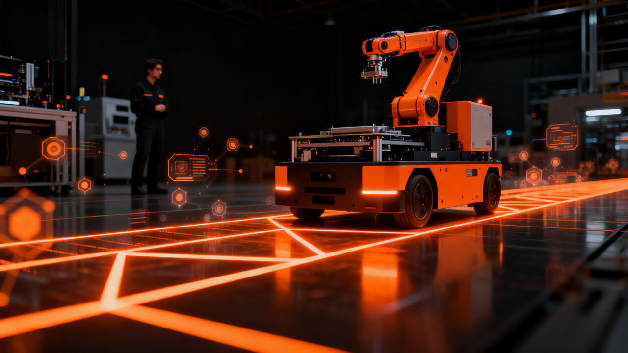 Robot industrial en fábrica de semiconductores representando la regulación y automatización tecnológica.