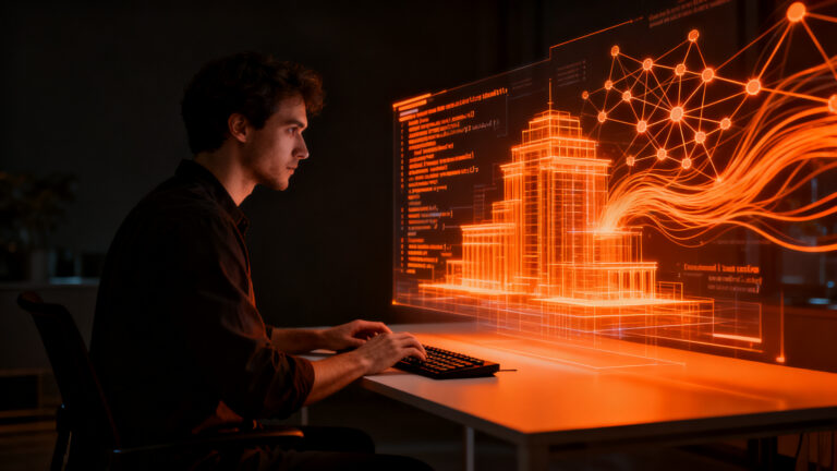 Ingeniero de software colaborando con una interfaz de IA avanzada, simbolizando el futuro de la automatización y la productividad en el desarrollo.