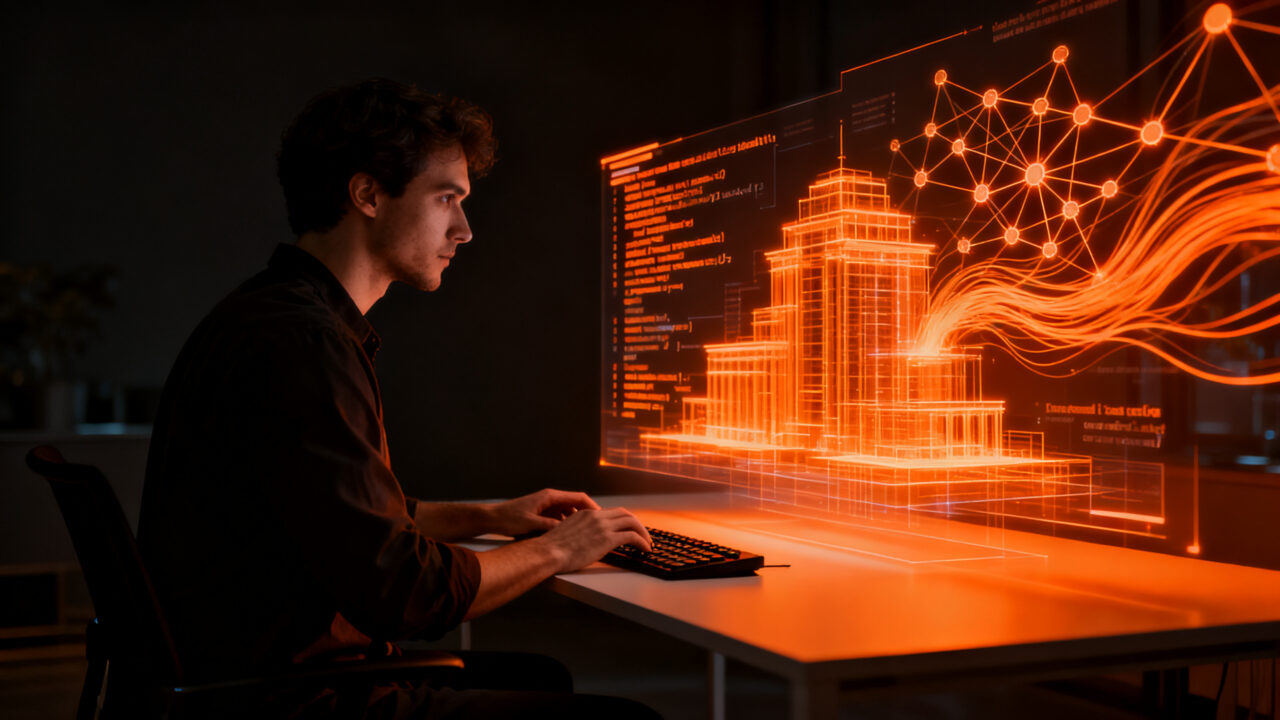Ingeniero de software colaborando con una interfaz de IA avanzada, simbolizando el futuro de la automatización y la productividad en el desarrollo.