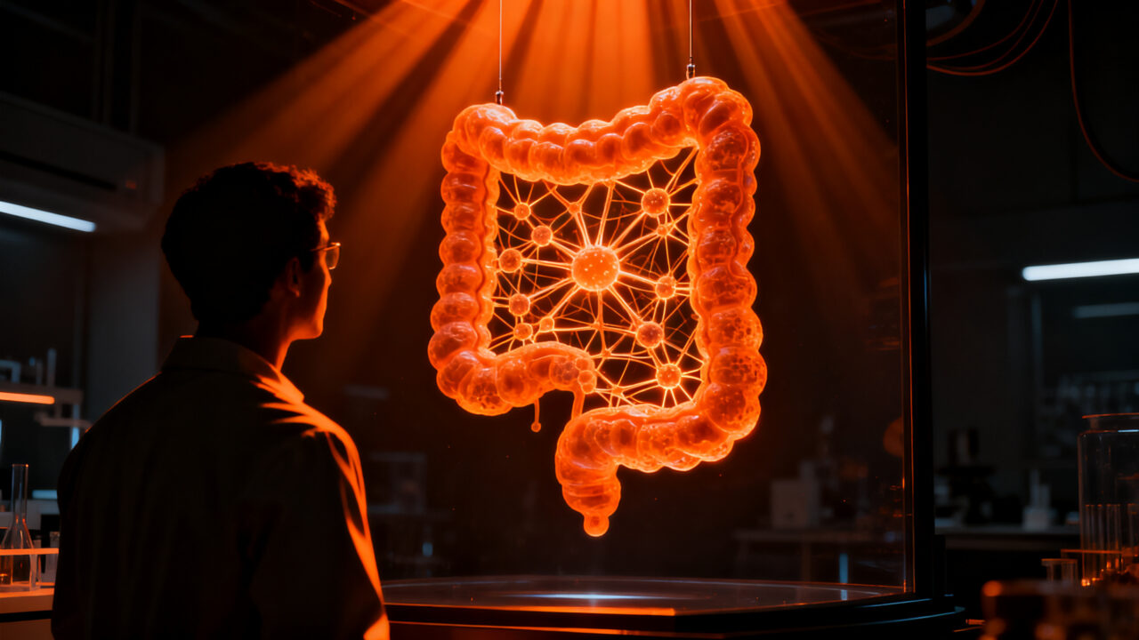 Investigador trabajando con organoides intestinales en laboratorio de alta tecnología, representando el éxito de Intero Biosystems en el Startup Battlefield 2026.
