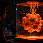 Científico analizando organoides humanos en laboratorio, representando la innovación en biotecnología y el testeo de fármacos.