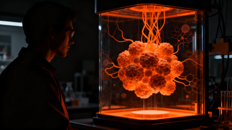 Científico analizando organoides humanos en laboratorio, representando la innovación en biotecnología y el testeo de fármacos.