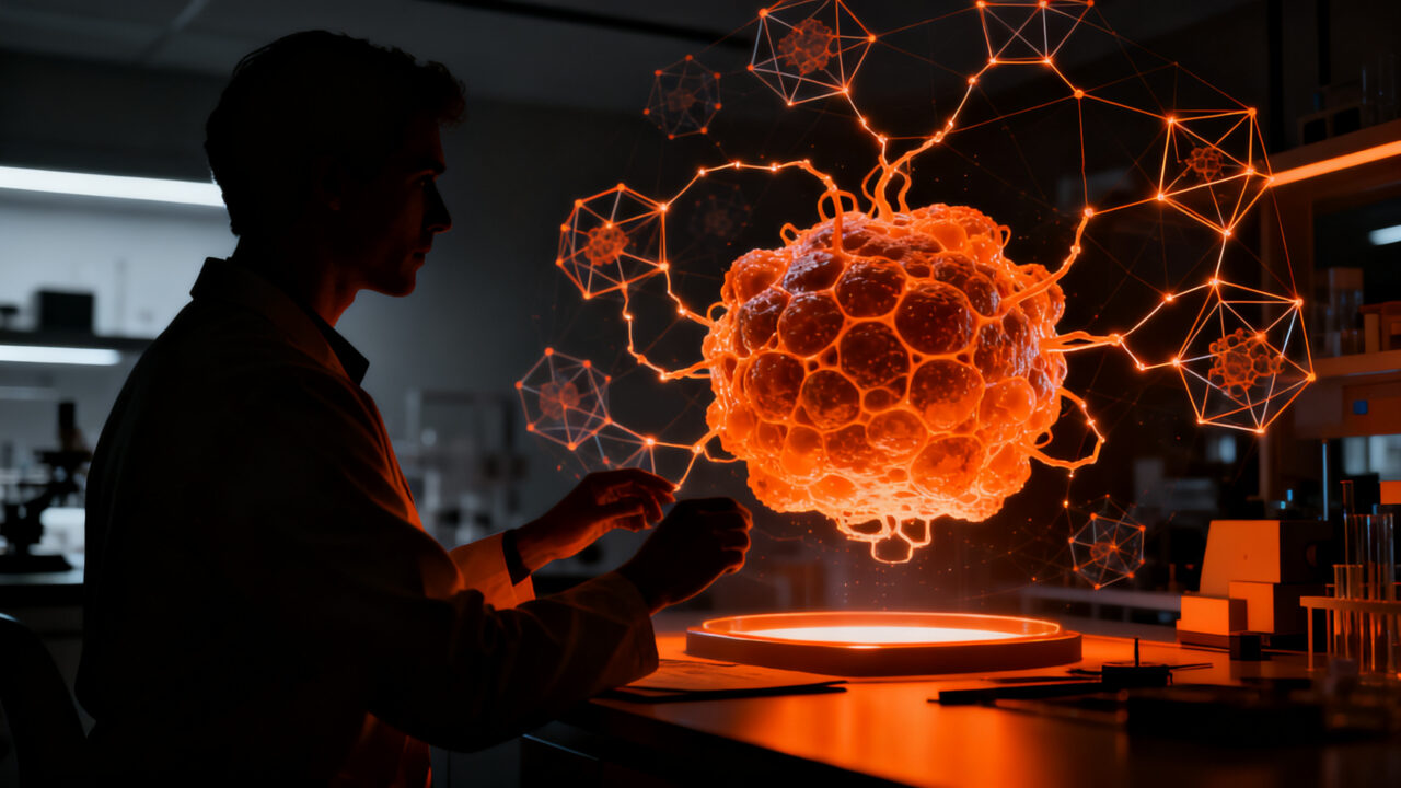 Investigador científico analizando organoides intestinales en laboratorio de biotecnología para pruebas de fármacos sin animales.