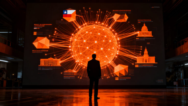 Interoperabilidad de datos públicos en Chile, representando la modernización del Estado y la identidad digital mediante GovTech.