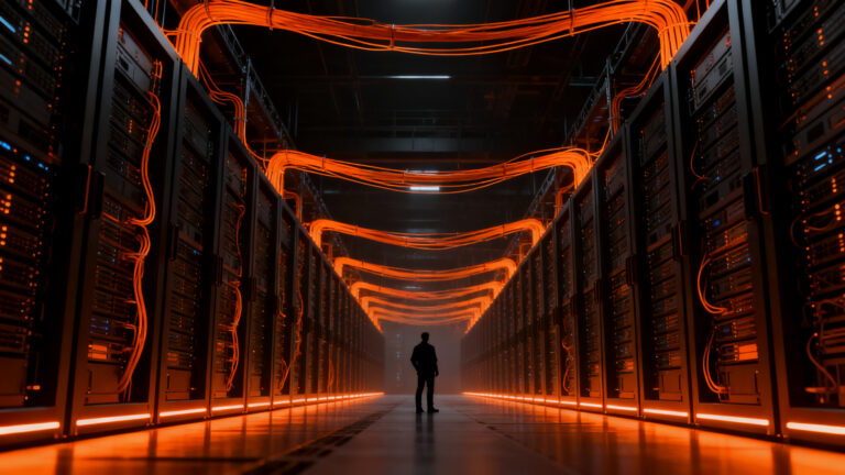 Infraestructura de inteligencia artificial y centros de datos a gran escala, representando la inversión masiva del PIB en el futuro tecnológico.