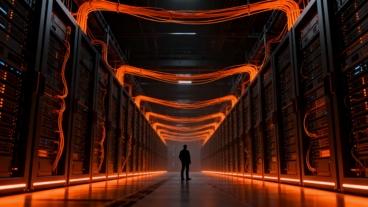 Infraestructura de inteligencia artificial y centros de datos a gran escala, representando la inversión masiva del PIB en el futuro tecnológico.