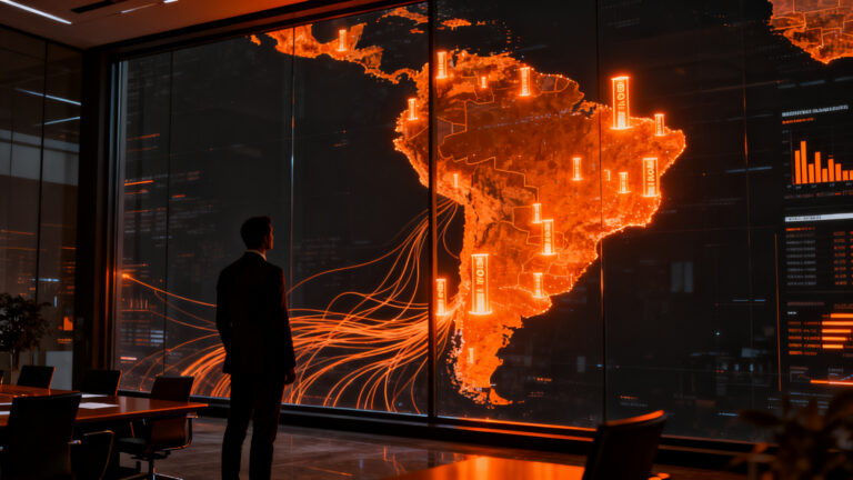 Mapa de calor de inversión en venture capital en Latinoamérica con enfoque en Brasil y México, simbolizando el flujo de capital hacia startups.