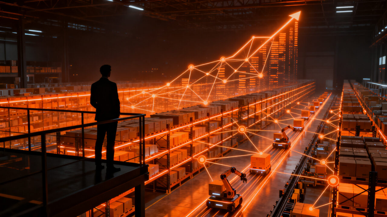 Automatización logística e IoT en almacenes inteligentes, representando la transformación digital de la gestión de inventarios para 2026.