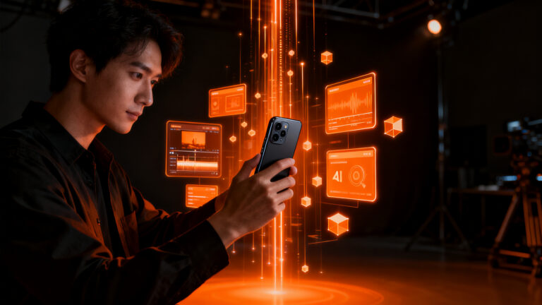 Creador de contenido utilizando un iPhone 17 Pro para producción audiovisual profesional con IA en Cyber Monday Chile.