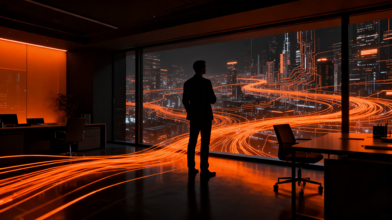 Representación visual del futuro del trabajo con IA, mostrando a un profesional en un entorno moderno que simboliza la optimización de la jornada laboral.