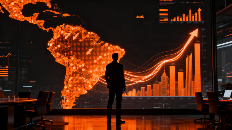 Inversionista analizando gráficos financieros de mercados latinoamericanos con enfoque en Brasil y Chile.