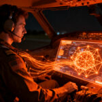 Piloto de aviación interactuando con una interfaz de IA avanzada en la cabina, representando la seguridad aérea y el soporte cognitivo de Kairós Aeroespacial.
