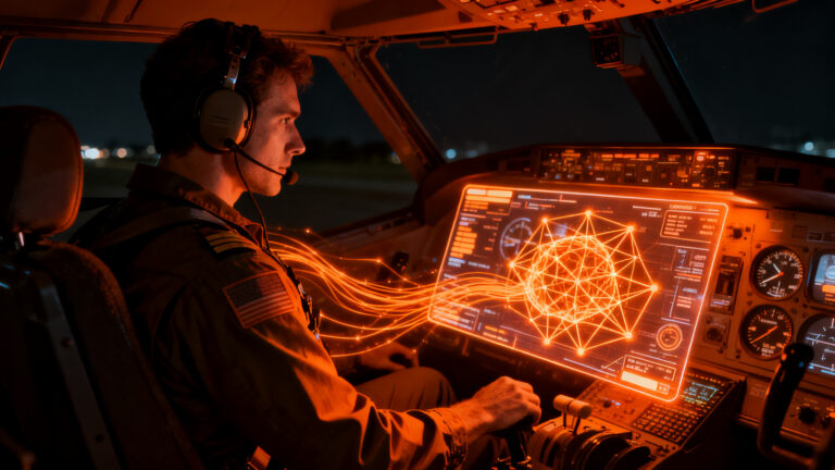 Piloto de aviación interactuando con una interfaz de IA avanzada en la cabina, representando la seguridad aérea y el soporte cognitivo de Kairós Aeroespacial.