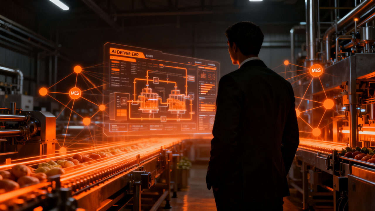 Sistema ERP y MES con inteligencia artificial optimizando procesos en la industria alimentaria mediante automatización industrial.