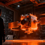 Imagen conceptual de una startup de tecnología espacial trabajando en un satélite innovador, representando el desarrollo ágil y la ambición en el sector space-tech.