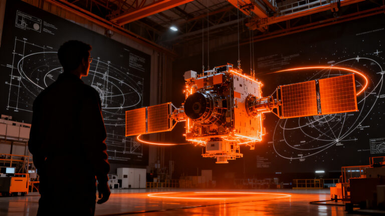 Imagen conceptual de una startup de tecnología espacial trabajando en un satélite innovador, representando el desarrollo ágil y la ambición en el sector space-tech.