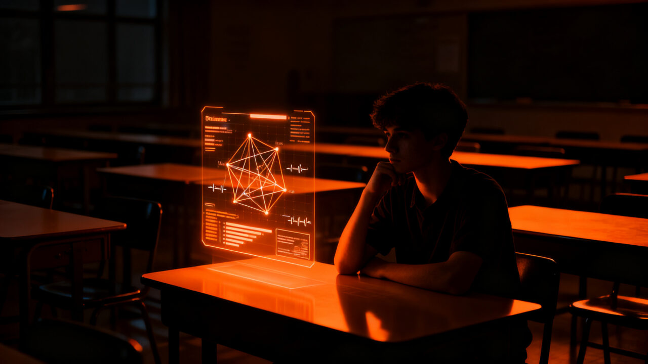 Estudiante frente a una pantalla de tutoría IA de Khanmigo, representando el desafío del engagement en EdTech y el impacto en matemáticas.