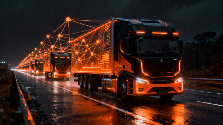 Flota de camiones autónomos de Kodiak en una autopista futurista, representando el modelo de logística DaaS y el futuro del transporte.
