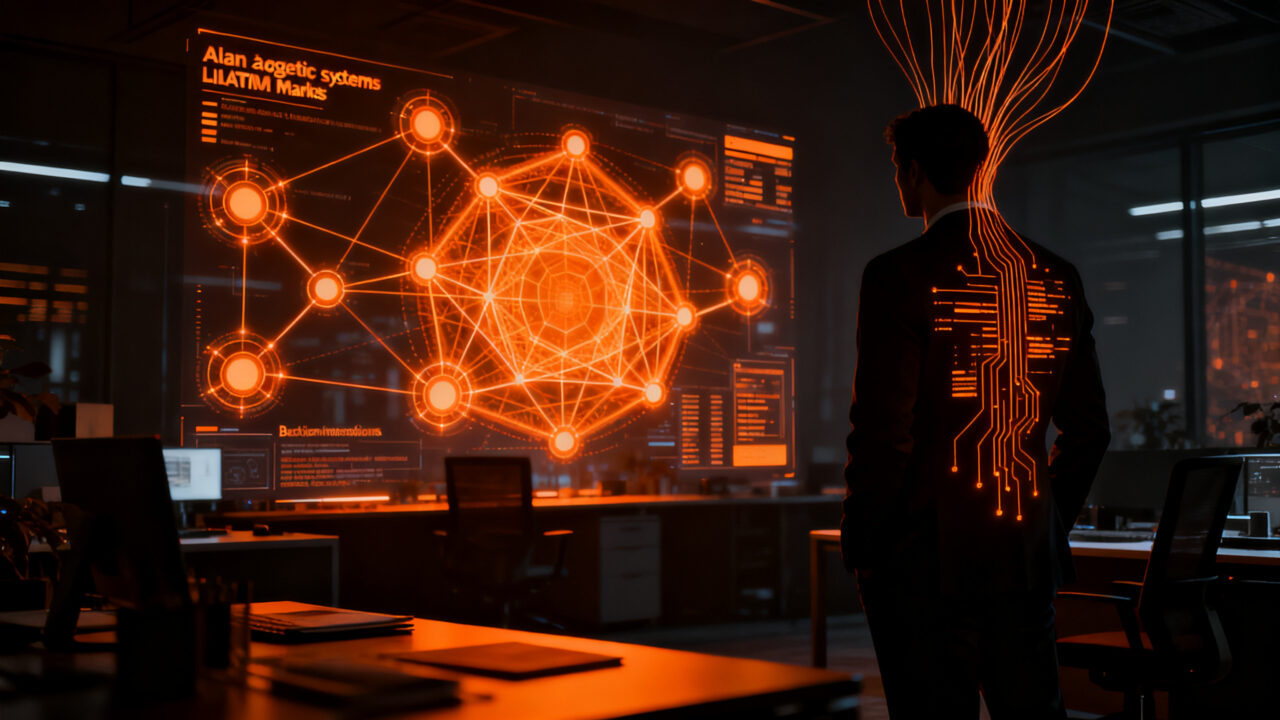 Agentes de IA autónomos optimizando procesos en empresas de LATAM, representando la automatización empresarial y el avance tecnológico de Kognia con Alan.