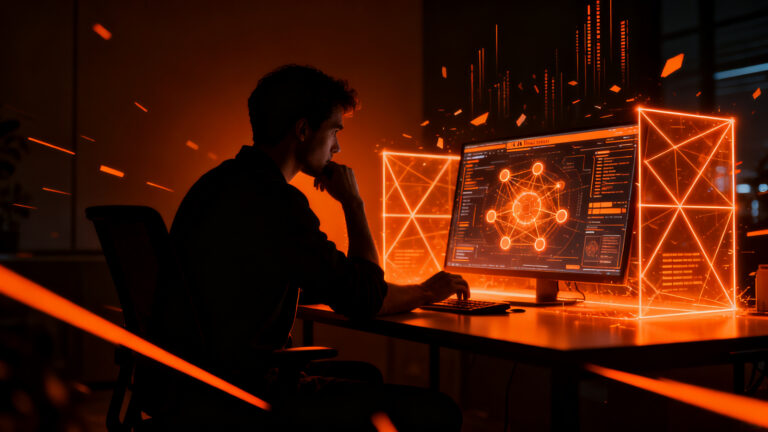 Un ingeniero de software frente a una pantalla de selección técnica con IA, representando los desafíos y costos del reclutamiento en startups.