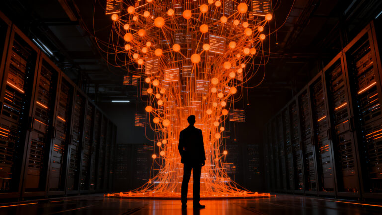 Silueta de ejecutivo observando una red masiva de identidades no humanas e inteligencia artificial, representando el riesgo de ciberseguridad en startups.