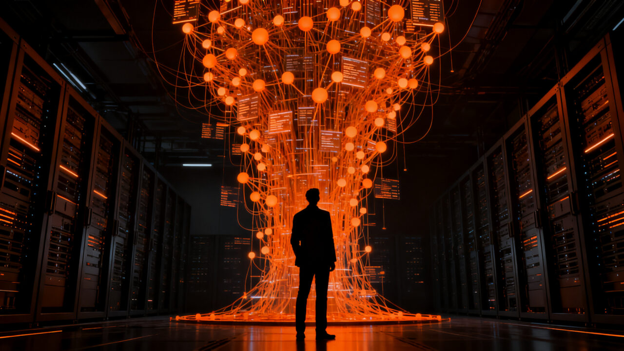 Silueta de ejecutivo observando una red masiva de identidades no humanas e inteligencia artificial, representando el riesgo de ciberseguridad en startups.
