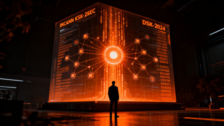 Ingeniero de ciberseguridad verificando la nueva clave raíz DNS KSK-2024 en una terminal digital futurista.