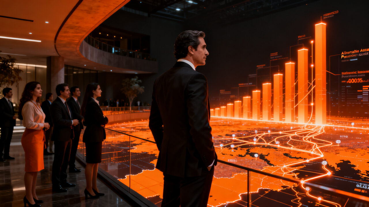Ejecutivos financieros analizando el crecimiento de activos alternativos en la cumbre de LarrainVial en CDMX, representando el auge de las inversiones en México.