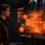 Arquitecto de software interactuando con una infraestructura de datos de IA, representando la eficiencia de LayerFS en el almacenamiento de agentes.