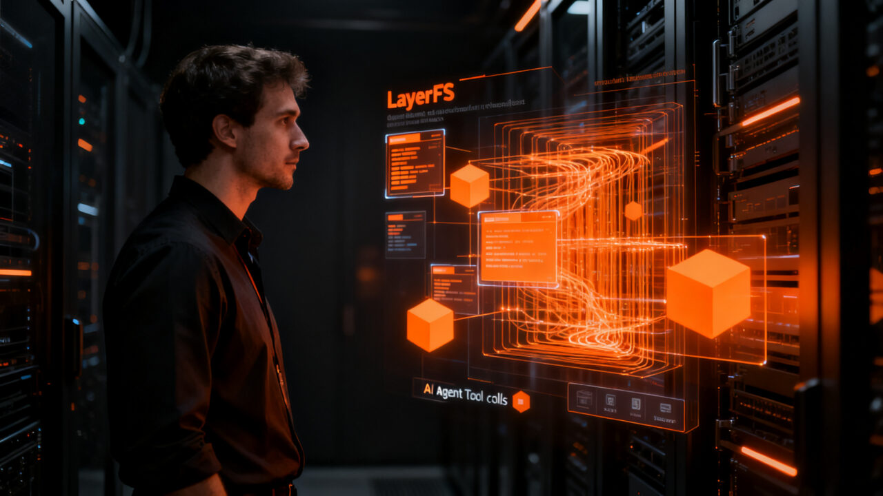 Arquitecto de software interactuando con una infraestructura de datos de IA, representando la eficiencia de LayerFS en el almacenamiento de agentes.
