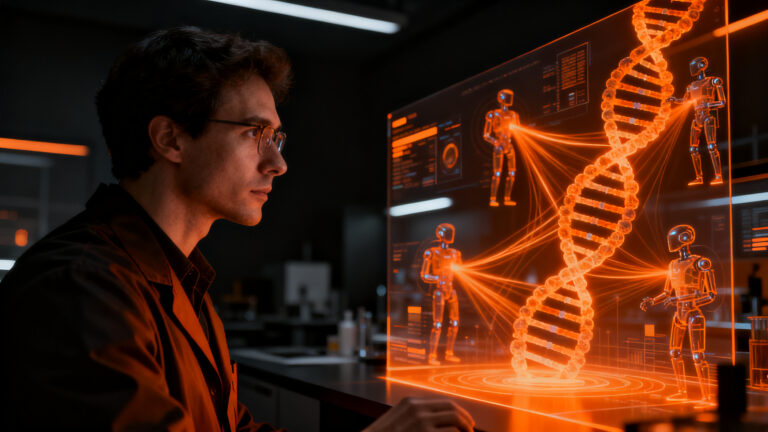 Investigador analizando laboratorio de agentes de IA Minos de Leash Bio para descubrimiento de fármacos.
