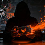 Silueta de un hacker manipulando un hardware wallet comprometido, simbolizando un ataque a la cadena de suministro en el ecosistema cripto.