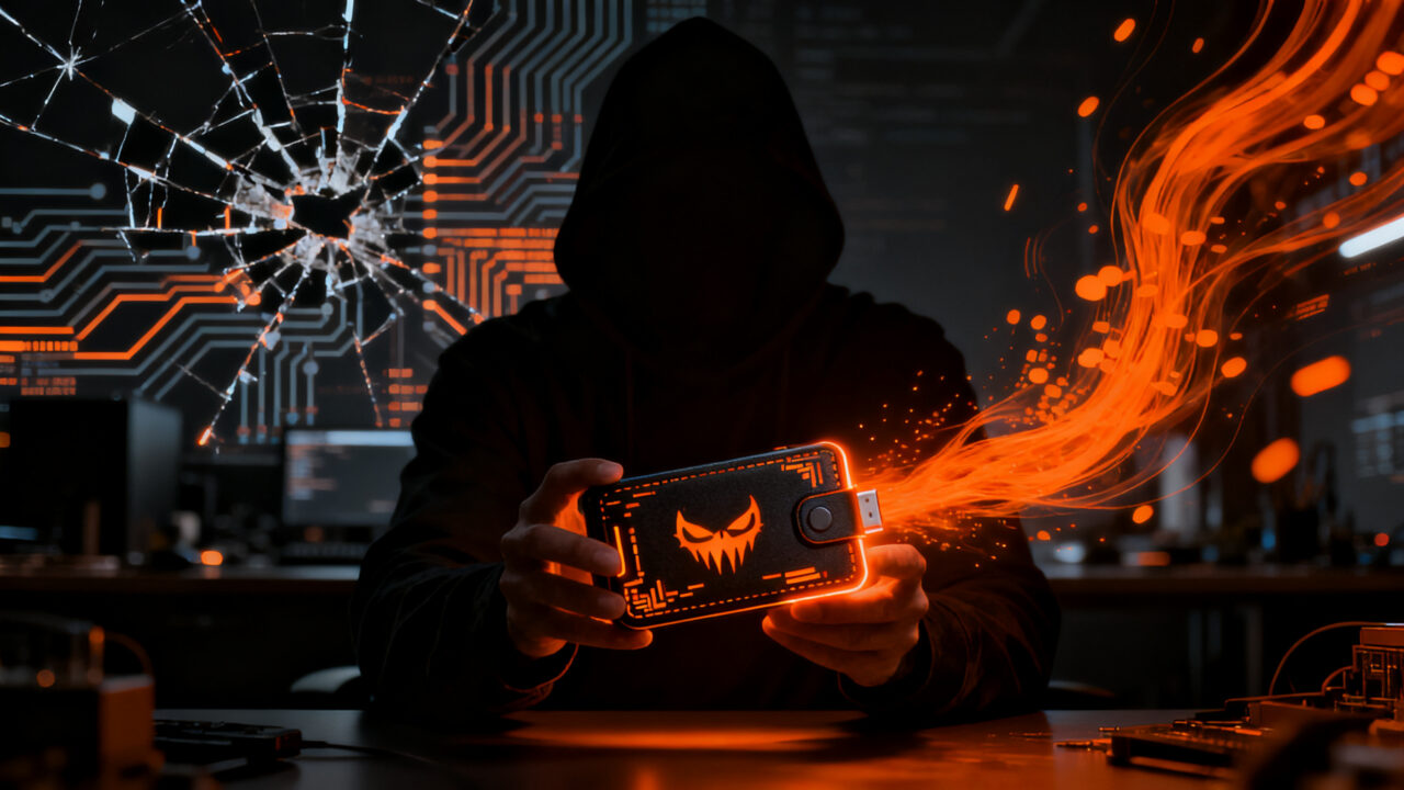 Silueta de un hacker manipulando un hardware wallet comprometido, simbolizando un ataque a la cadena de suministro en el ecosistema cripto.